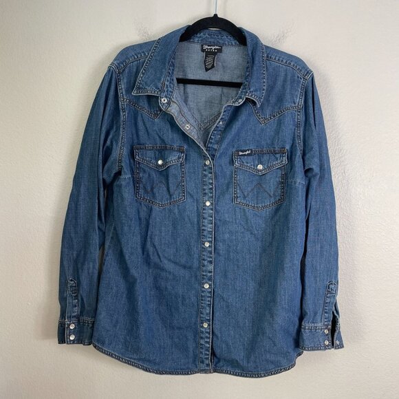 Wrangler Retro Womens XL Blue Denim Western Shirt Pearl Snap Up Chambray Top - Picture 1 of 8